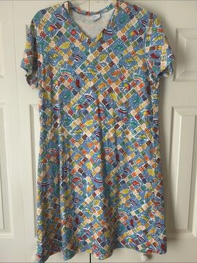 On White size XL Blue V-Neck Casual Mini Dress with Beach Print